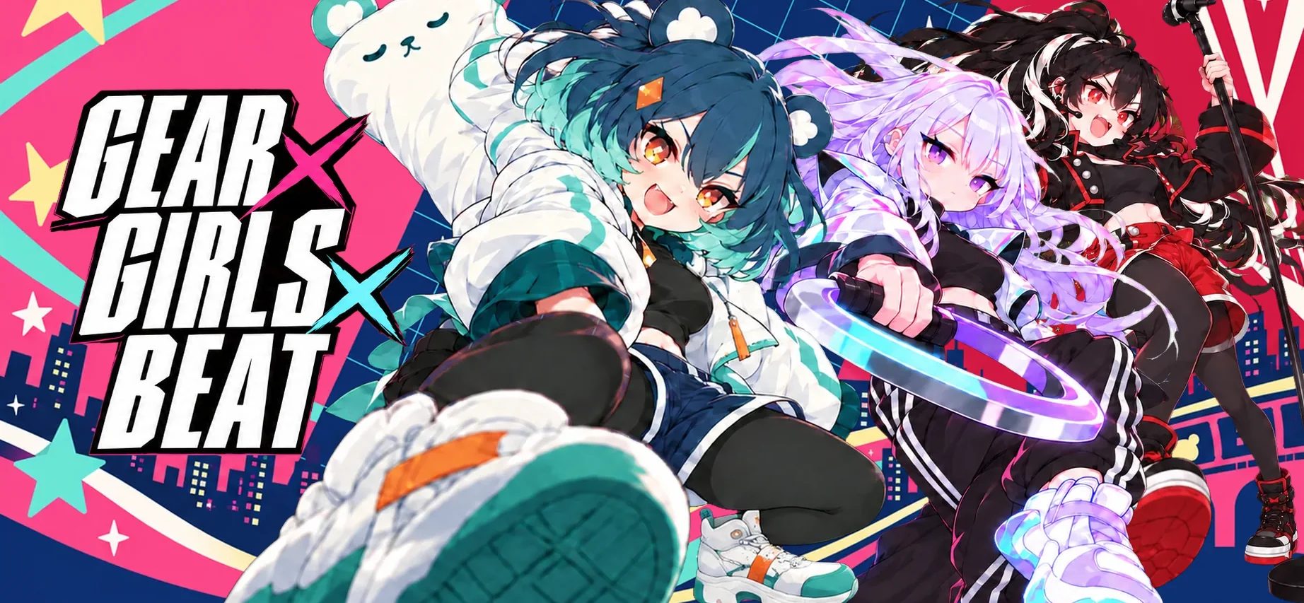 GEAR × GIRLS × BEAT title screen: Mint Neon swinging a body pillow, Ena Hoshimiya holding a ring, and Rei Narumi raising a mic stand